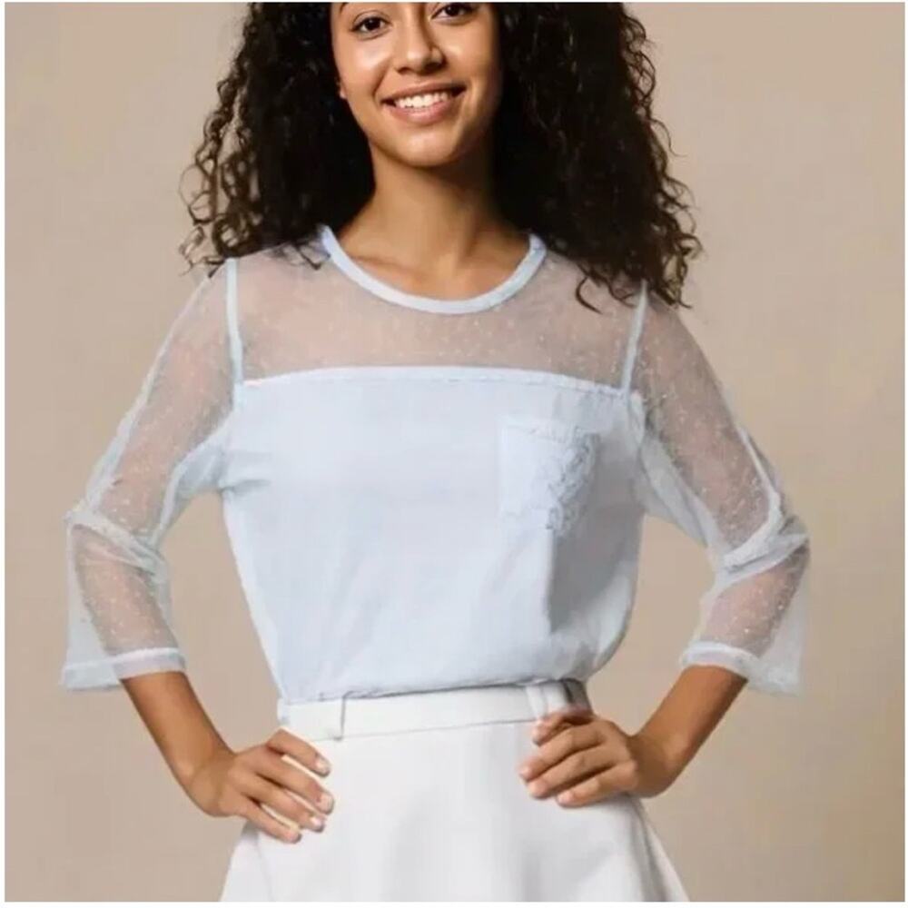 NWT DKNY Mesh Top Cotton Tee Shirt 3/4 Sleeves Powder Blue Color Spring Size XL
